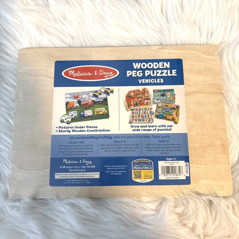NEW Melissa & Doug Vehicles Wooden Peg Puzzle 8 Piece Learning Preschool - Picture 2 of 3